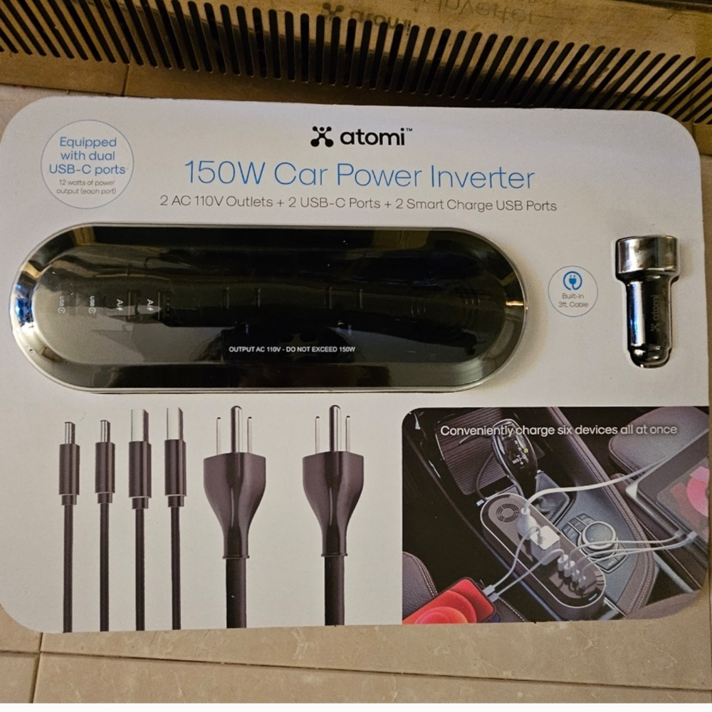 Atomi 150W Car Power Inverter with 2 AC 110V Outlets + 2 USB-C Ports + 2 Smart
